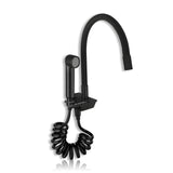 Black piano kitchen sink faucet with hand shower on a white background.