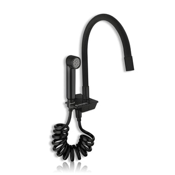 Black piano kitchen sink faucet with hand shower on a white background.