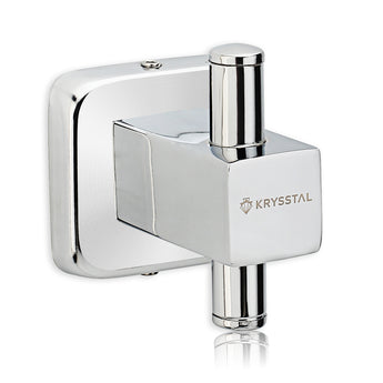 A silver square-shaped robe hook with a vertical rod extends from the square fitted on a white wall background