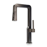 Modern kitchen faucet with a metallic finish on a white background