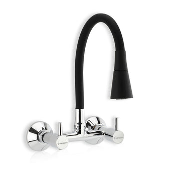 A wall-mounted kitchen sink mixer tap with a flexible silicone spout and dual flow settings, finished in chrome.