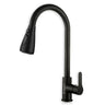 Black kitchen tap with round rotating spout and handle with pull out by hand features against a white background.