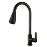 Black kitchen tap with round rotating spout and handle with pull out by hand features against a white background.
