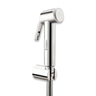 A silver health faucet with a hand-held spray nozzle, connected to a 304-SS shower tube and a white wall hook.