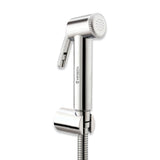 A silver health faucet with a hand-held spray nozzle, connected to a 304-SS shower tube and a white wall hook.