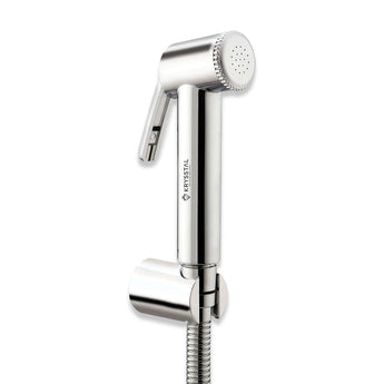 A silver health faucet with a hand-held spray nozzle, connected to a 304-SS shower tube and a white wall hook.