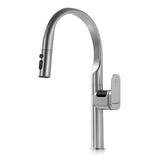Stainless steel pull out kitchen faucet on a white background