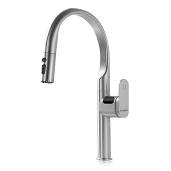 Stainless steel pull out kitchen faucet on a white background