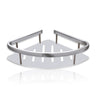 A silver stainless steel corner shelf tray with a triangular shape and a brand logo in the center.