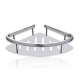 A silver stainless steel corner shelf tray with a triangular shape and a brand logo in the center.