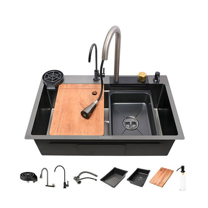 Smart Modular 304 SS Kitchen Sink  with Integrated Waterfall, RO Tap & Nano-Coating Technology (30 x 18 x 9 Inches)