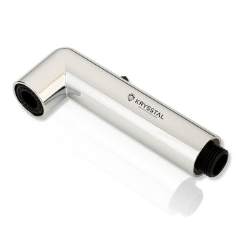 A silver-colored faucet gun attachment with a sleek design, featuring a brand logo and a black internal component visible at one end.