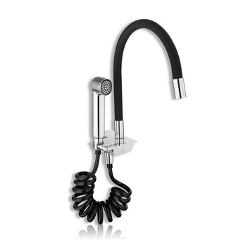 A black finish fexible dual flow kitchen sink tap with hand shower on a white background