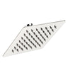 A silver overhead rain showerhead with multiple Silicone nozzles.