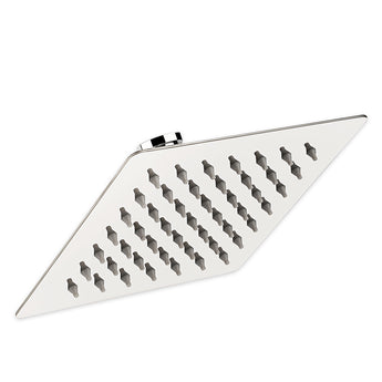 A silver overhead rain showerhead with multiple Silicone nozzles.