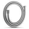 A silver coiled flexible shower tube made of stainless steel with metal connectors at both ends.