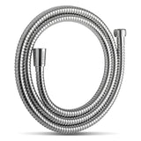 A silver coiled flexible shower tube made of stainless steel with metal connectors at both ends.
