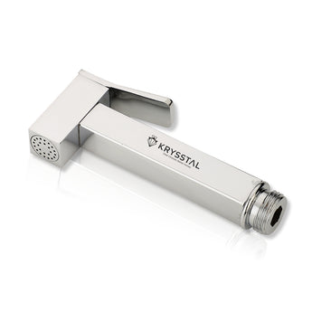 A silver brass health faucet gun with a Cube design, featuring a hand-held spray nozzle.