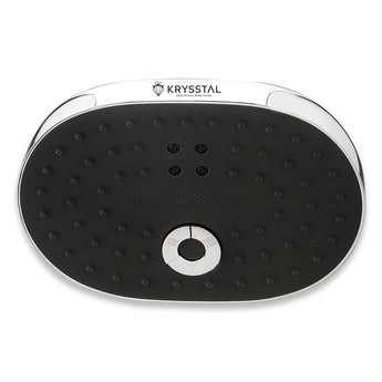 Black Overhead Rain Shower with Shower Arm (6") & Flange on a white background, featuring the Krysstal brand.