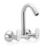 A silver kitchen sink mixer tap with a high arch and two handles, isolated on a white background.