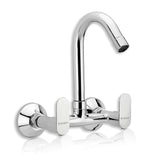 A silver kitchen sink mixer tap with a high arch and two handles, isolated on a white background.