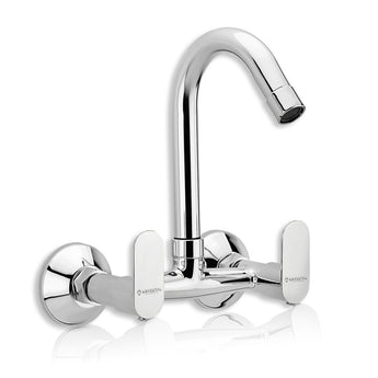A silver kitchen sink mixer tap with a high arch and two handles, isolated on a white background.