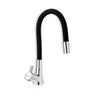 A table-mounted kitchen sink tap with a silicone spout, featuring a black flexible hose and a silver-colored faucet head.