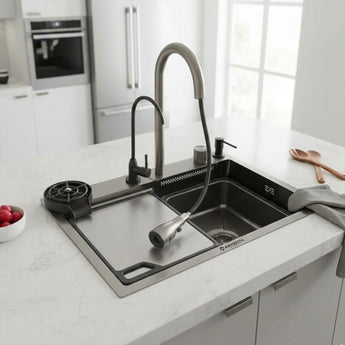 Smart Modular 304 SS Kitchen Sink (24" x 18 x 9") with Integrated Waterfall, RO Tap & Nano-Coating Technology