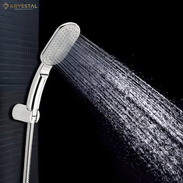 Ovalo ABS Hand Shower with water flowing & Flexible Shower Tube (1 m) with Wall Hook fitted on the tile background