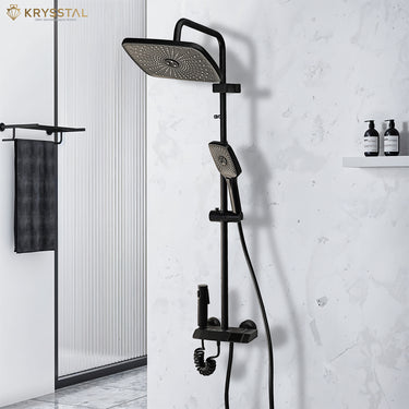 Matte black shower panel set with rain shower, 3-mode hand shower, booster spray gun, and foam flow tap made from brass, ABS, and stainless steel.