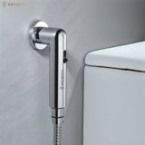 Silver health faucet with magnetic ABS wall hook mounted on a gray bathroom wall beside a white toilet.
