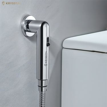 Silver health faucet with magnetic ABS wall hook mounted on a gray bathroom wall beside a white toilet.
