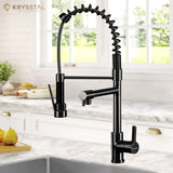 Black kitchen faucet with spring design in a kitchen setting, featuring the brand 'Krysstal'.