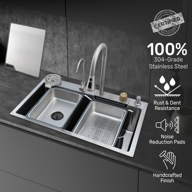 Magnus Nano Silver 304 SS Kitchen Sink with Integrated Waterfall, RO Tap & Triple Flow Pull-out Tap (30 x 18 x 9 Inches)