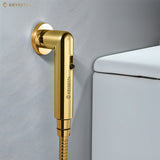 A gold-colored health faucet with a shower tube and wall hook beside the white toilet seat.