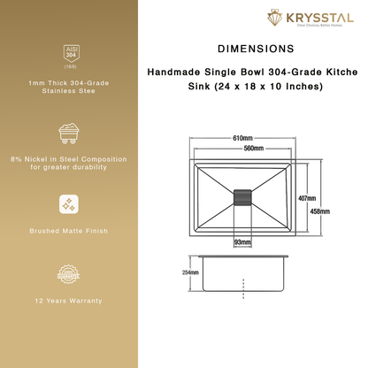 Handmade 304-SS Single Bowl Kitchen Sink (24 x 18 x 10 Inches) Kitchen Sink