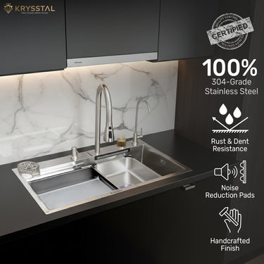 Magnus Nano Silver 304 SS Kitchen Sink with Integrated Waterfall, RO Tap &  Triple Flow Pull-out Tap (24 x 18 x 9 Inches)