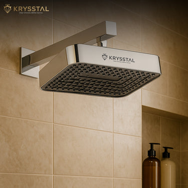 Storm Overhead Rain Shower with customizable angle on a tiled wall with bath products below.