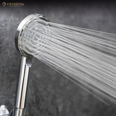 Halos ABS hand shower with flowing water & 304 stainless steel flexible tube (1 m) on a grey background.