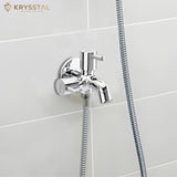 Wall-mounted chrome faucet with a dedicated dual-handle system managing two distinct water outlets for maximum versatility.