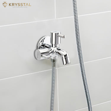 Wall-mounted chrome faucet with a dedicated dual-handle system managing two distinct water outlets for maximum versatility.