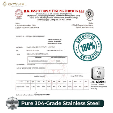 The inspection and testing report of the 304 stainless steel material with a 100% Authentic stamp is on the white paper.