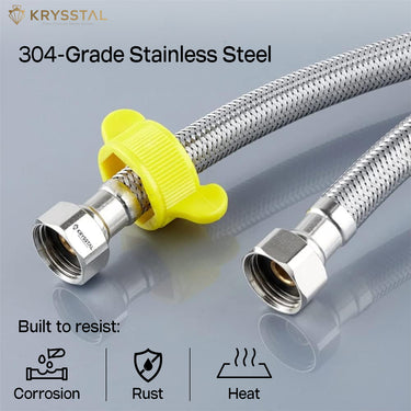 Stainless steel flexible hose with yellow connector on a gray background, featuring its resistance