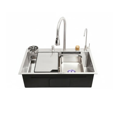 Magnus Nano Silver 304 SS Kitchen Sink with Integrated Waterfall, RO Tap &  Triple Flow Pull-out Tap (24 x 18 x 9 Inches)