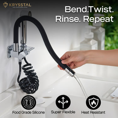 A chrome finish flexible dual flow kitchen sink tap with hand-held water flowing tap mounted on a wall & featured bend, twist, rinse & repeat with its 3 features on the bottom.