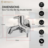 Chrome bib cock with twin outlets, designed for multi-functional use in utility areas with dimensions with its warranty & features on a faded background.