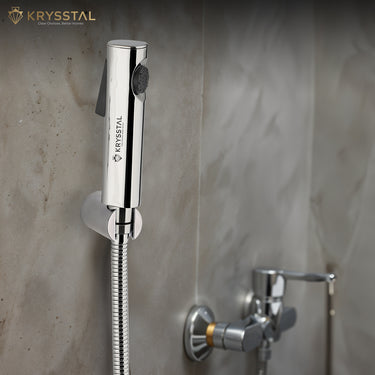 Chrome shower head and hose mounted on a tiled wall with on right bottom shows the SS fittings