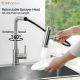 A kitchen faucet with retractable sprayer head and rotating spout, hand-held by a person washing dishes on a white & green background.
