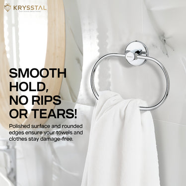The towel hanging on a silver stainless steel towel ring with left side tagged a "smooth hold no rips or tears!" on a mirror-white background
