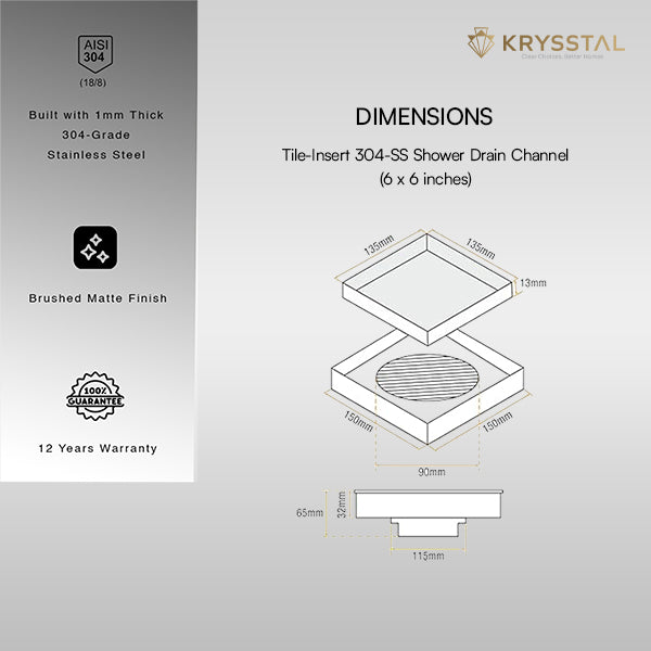 Tile-Insert 304-SS (6"x 6") Floor Drain with Advanced Cockroach Trap